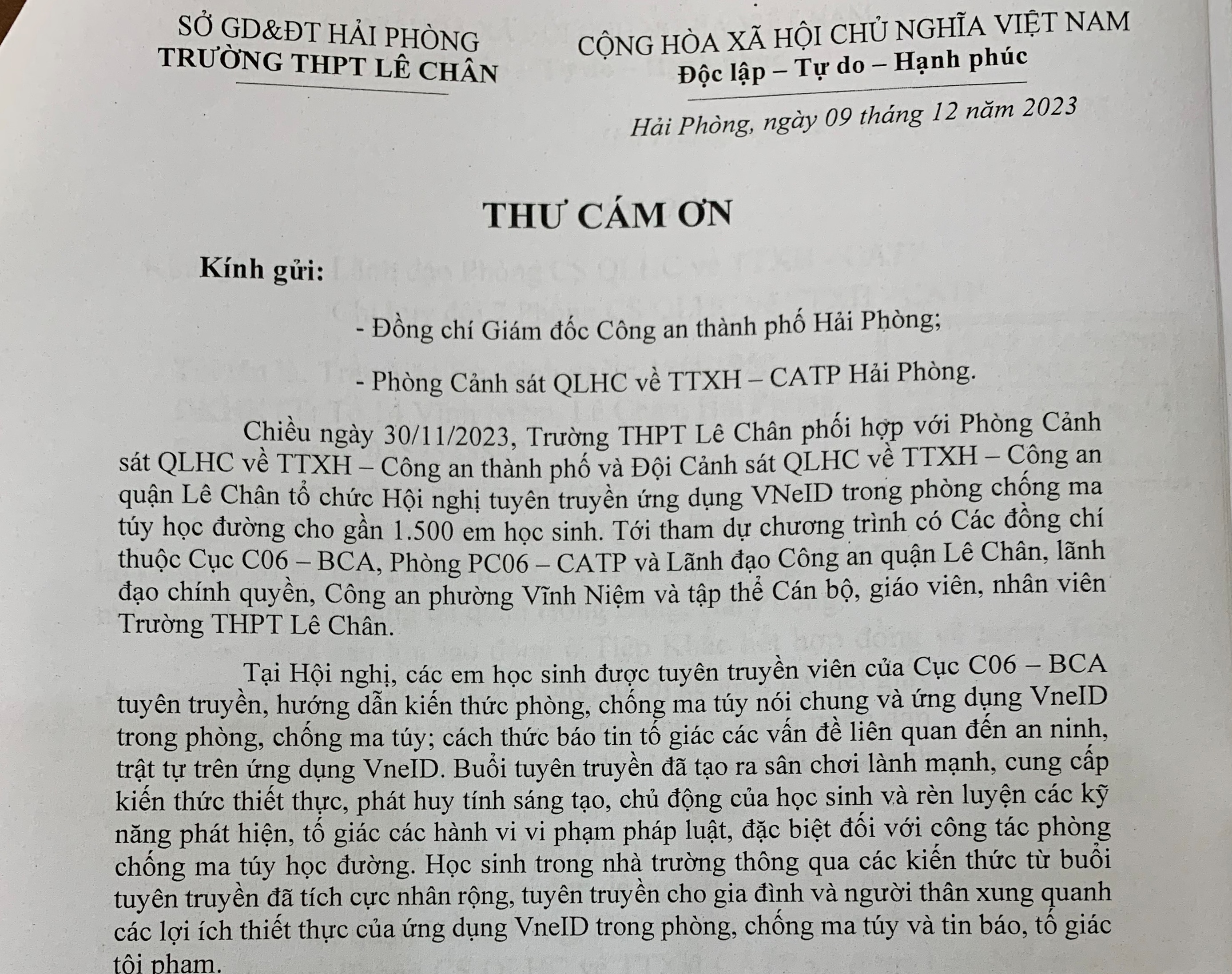 Trường THPT Lê Chân gửi Thư cảm ơn Phòng Cảnh sát QLHC về TTXH